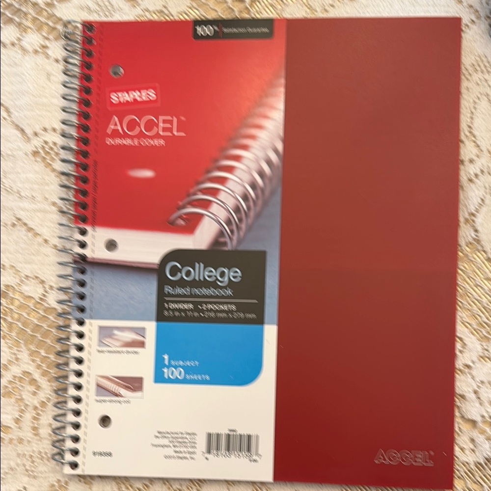 Staples Accel Durable Cover College Ruled Notebook 100 Pgs 1-subject Red New